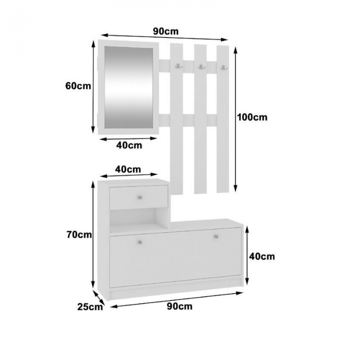 SET MOBILIER HOL, PLACA LAMINATA, CU PANTOFAR, CUIER, OGLINDA, ALB, 90X25X70/100 CM [3]