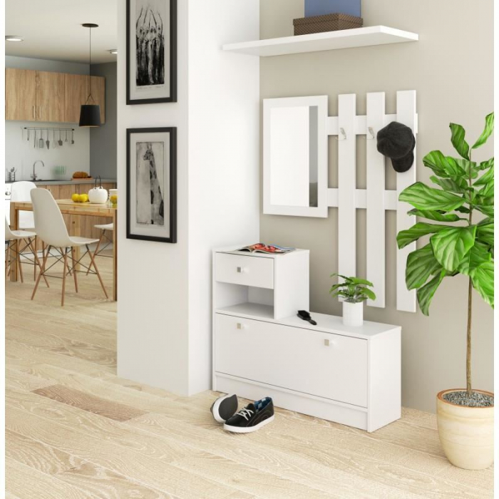 SET MOBILIER HOL, PLACA LAMINATA, CU PANTOFAR, CUIER, OGLINDA, ALB, 90X25X70/100 CM [2]