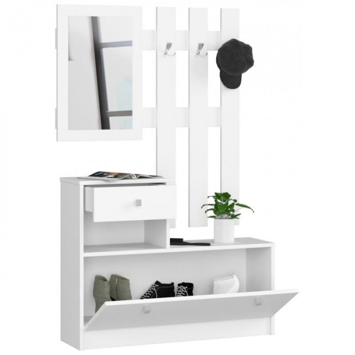 SET MOBILIER HOL, PLACA LAMINATA, CU PANTOFAR, CUIER, OGLINDA, ALB, 90X25X70/100 CM [5]