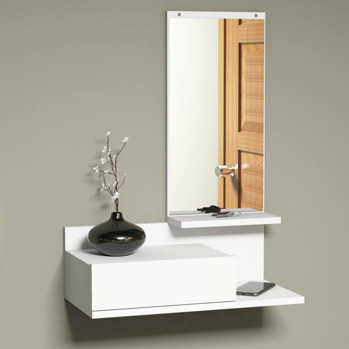 SET MOBILIER HOL, SUSPENDAT, PAL MELAMINAT, CU OGLINDA, 1 SERTAR, 2 RAFTURI, ALB, 60X29.8X80 CM, MIRROR, MINAR [4]