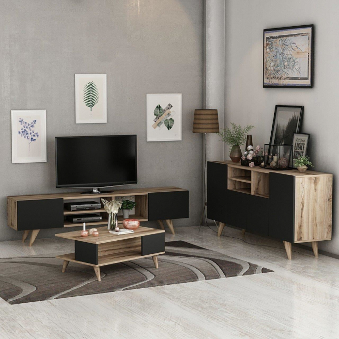 SET MOBILIER SUFRAGERIE, 3 CORPURI, PAL MELAMINAT, NATUR SI NEGRU, DORA, MINAR [6]