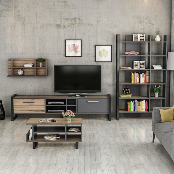 SET MOBILIER SUFRAGERIE, 4 CORPURI, PAL MELAMINAT, NATUR SI ANTRACIT, LENOIR, MINAR [6]