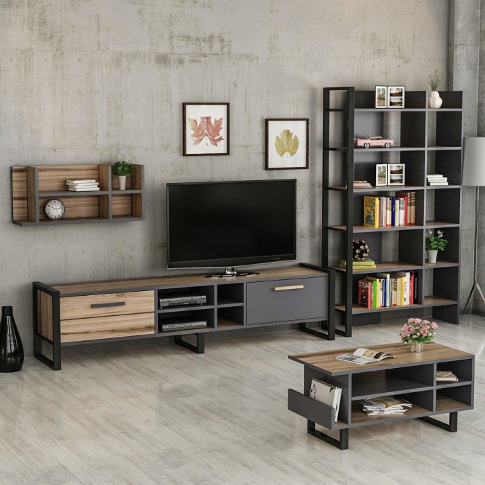 SET MOBILIER SUFRAGERIE, 4 CORPURI, PAL MELAMINAT, NATUR SI ANTRACIT, LENOIR, MINAR [8]