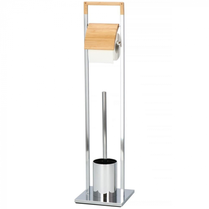 SUPORT PENTRU HARTIE IGIENICA CU PERIE WC, METAL SI BAMBUS, CROM, 75.5 CM, SPRINGOS [9]