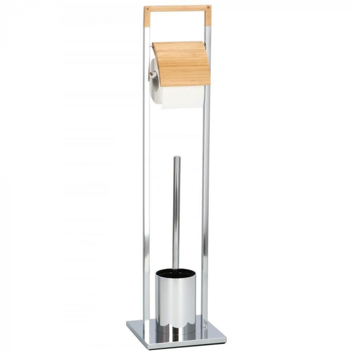 SUPORT PENTRU HARTIE IGIENICA CU PERIE WC, METAL SI BAMBUS, CROM, 75.5 CM, SPRINGOS [10]