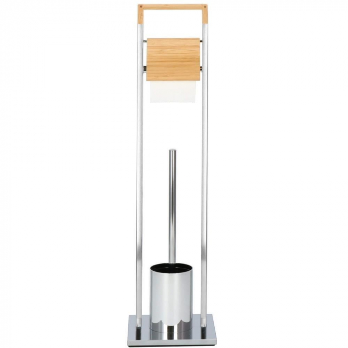 SUPORT PENTRU HARTIE IGIENICA CU PERIE WC, METAL SI BAMBUS, CROM, 75.5 CM, SPRINGOS [3]