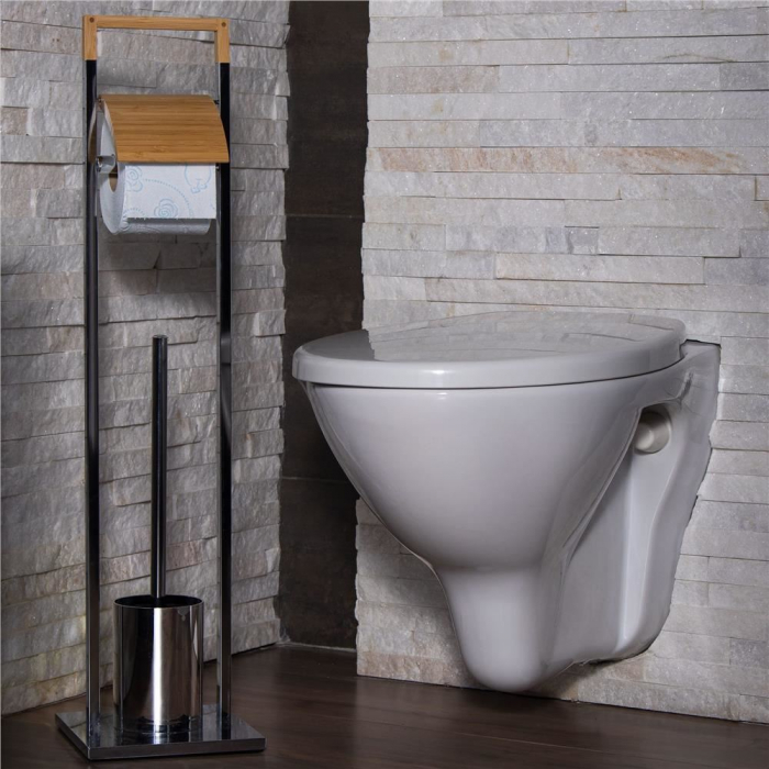 SUPORT PENTRU HARTIE IGIENICA CU PERIE WC, METAL SI BAMBUS, CROM, 75.5 CM, SPRINGOS [11]