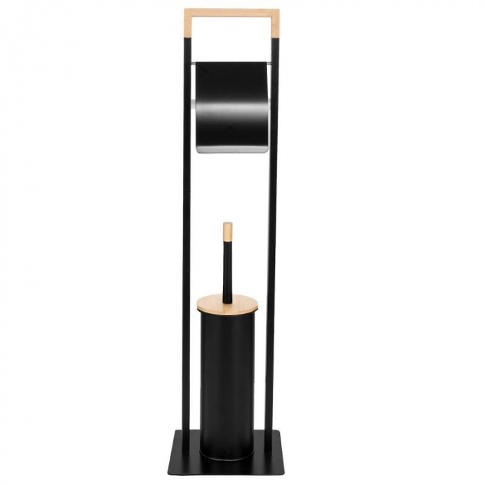 SUPORT PENTRU HARTIE IGIENICA CU PERIE WC, METAL SI BAMBUS, NEGRU, 60 CM [6]