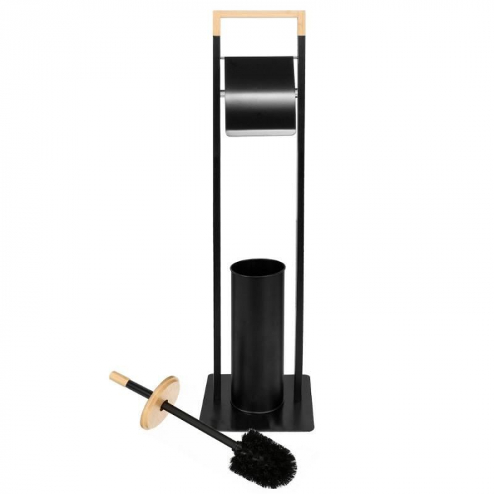 SUPORT PENTRU HARTIE IGIENICA CU PERIE WC, METAL SI BAMBUS, NEGRU, 60 CM [5]