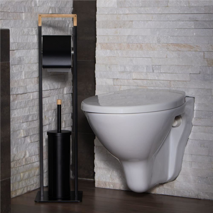 SUPORT PENTRU HARTIE IGIENICA CU PERIE WC, METAL SI BAMBUS, NEGRU, 74 CM, SPRINGOS [10]