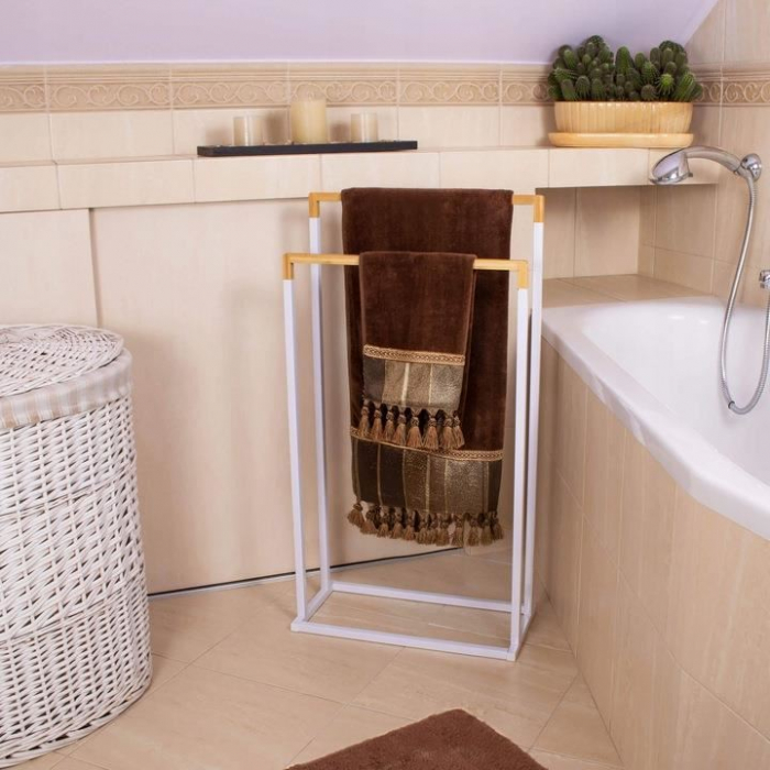 SUPORT PENTRU PROSOAPE DE BAIE, METALIC + BAMBUS, 2 BRATE, ALB, 45X21.5X84 CM, SPRINGOS [7]