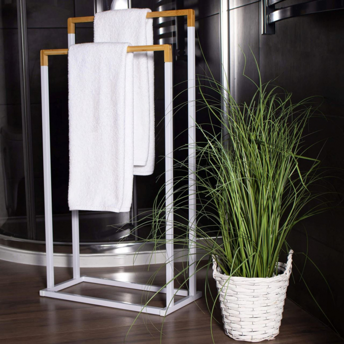SUPORT PENTRU PROSOAPE DE BAIE, METALIC + BAMBUS, 2 BRATE, ALB, 45X21.5X84 CM, SPRINGOS [2]