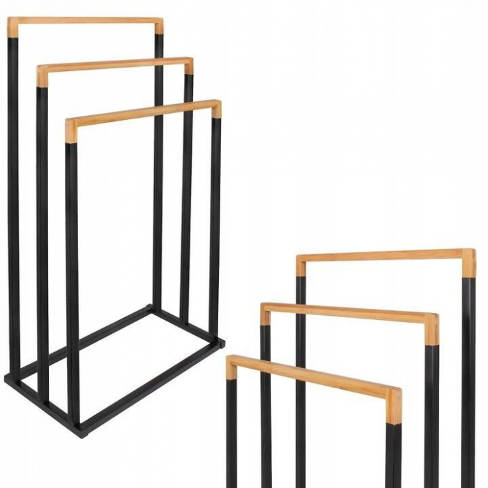 SUPORT PENTRU PROSOAPE DE BAIE, METALIC + BAMBUS, 3 BRATE, NEGRU, 45X21.5X84 CM, SPRINGOS [4]
