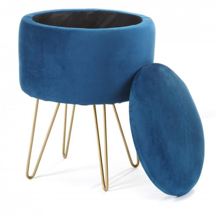 TABURET, ROTUND, CU SPATIU DEPOZITARE, CATIFEA, BLEUMARIN, MAX 90 KG, 35X35X45 CM, LILI [2]