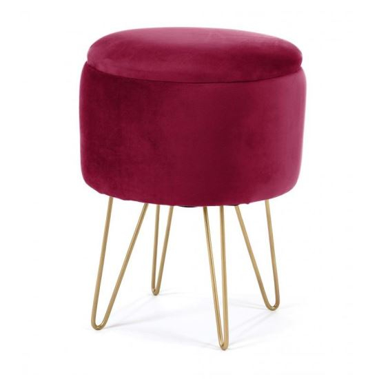 TABURET, ROTUND, CU SPATIU DEPOZITARE, CATIFEA, ROSU, MAX 90 KG, 35X35X45 CM, LILI [1]