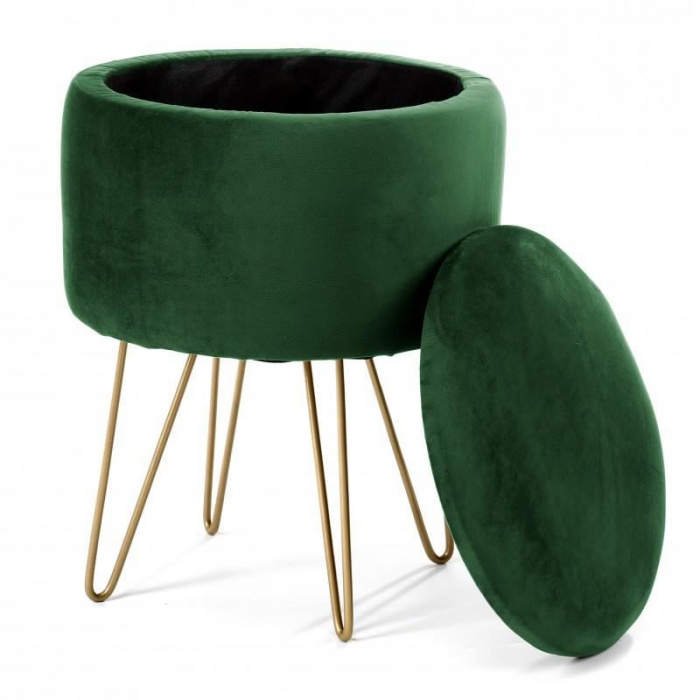 TABURET, ROTUND, CU SPATIU DEPOZITARE, CATIFEA, VERDE, MAX 90 KG, 35X35X45 CM, LILLI [2]