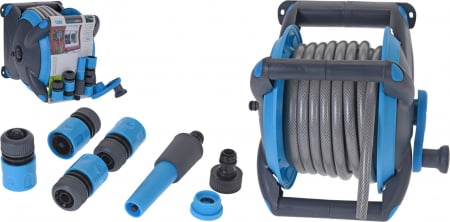Diverse Accesorii - Tambur furtun de grădină 15 m cu suport de perete și accesorii – set complet pentru udare