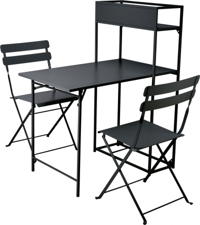 Mobilier Gradina - Set masă și 2 scaune pliabile cu etajeră metalică – design compact pentru balcon sau bucătărie