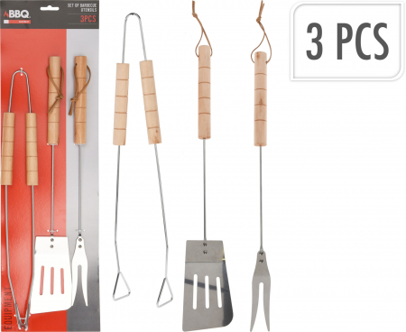 Grill si Accesorii - Set 3 ustensile pentru grătar BBQ,Lemn