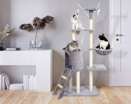 PetShop - Ansamblu de Joacă pentru Pisici cu Căsuță, Hamac și Jucării – Gri, 145 cm