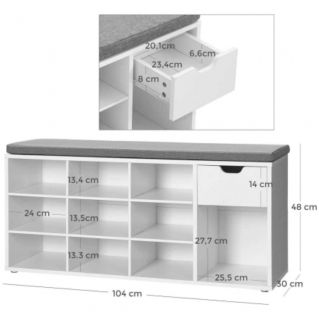 BANCA DEPOZITARE INCALTAMINTE, PANTOFAR PENTRU HOL, VASAGLE, PAL, 10 RAFTURI, 1 SERTAR, ALB, 104X30X48 CM [6]