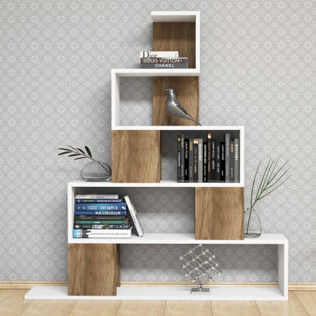 BIBLIOTECA, PAL MELAMINAT, ALB SI NATUR, 120X22X130 CM, PYRAMID, MINAR [3]
