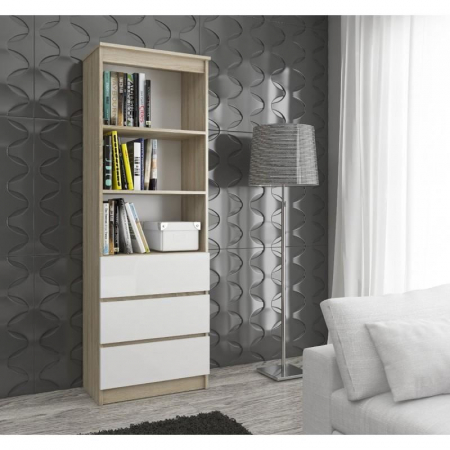 BIBLIOTECA, PLACA LAMINATA, 3 SERTARE, 3 RAFTURI, STEJAR SI ALB, 60X35X180 CM [2]