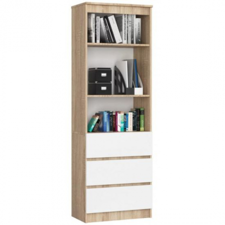 Living - BIBLIOTECA, PLACA LAMINATA, 3 SERTARE, 3 RAFTURI, STEJAR SI ALB, 60X35X180 CM