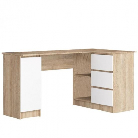 Amenajari Interioare - BIROU CALCULATOR PE COLT, PLACA LAMINATA, 3 SERTARE, 4 RAFTURI, STEJAR SI ALB, 155X85X77 CM
