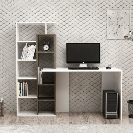 BIROU CU BIBLIOTECA, PAL MELAMINAT, 10 RAFTURI, ALB SI MARO, 162X60X148 CM, POLY, MINAR [2]