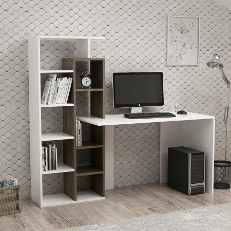 BIROU CU BIBLIOTECA, PAL MELAMINAT, 10 RAFTURI, ALB SI MARO, 162X60X148 CM, POLY, MINAR [1]