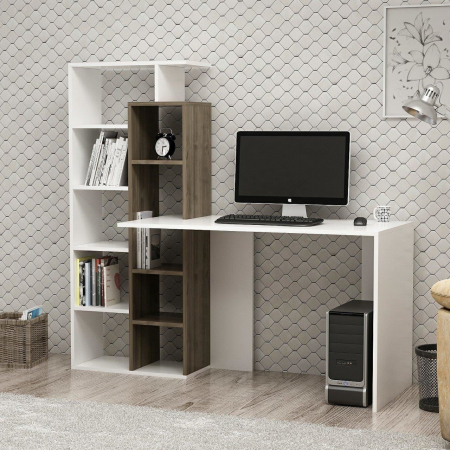 BIROU CU BIBLIOTECA, PAL MELAMINAT, 10 RAFTURI, ALB SI MARO, 162X60X148 CM, POLY, MINAR [3]