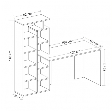 BIROU CU BIBLIOTECA, PAL MELAMINAT, 10 RAFTURI, ALB SI MARO, 162X60X148 CM, POLY, MINAR [6]