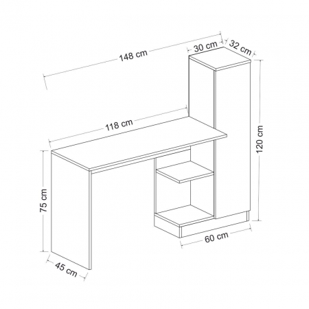 BIROU CU BIBLIOTECA, PAL MELAMINAT, 6 RAFTURI, ALB, 148X45X120 CM, MATILDA, MINAR [1]