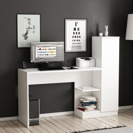 BIROU CU BIBLIOTECA, PAL MELAMINAT, 6 RAFTURI, ALB, 148X45X120 CM, MATILDA, MINAR [6]