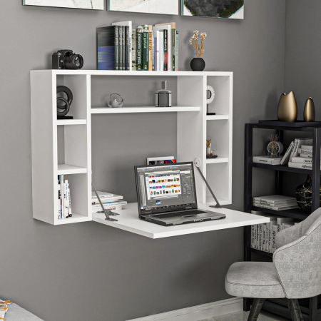 BIROU CU BIBLIOTECA, PLIABIL, SUSPENDAT, PAL MELAMINAT, 7 RAFTURI, ALB, 90X20X60 CM, OMEGA, MINAR [8]