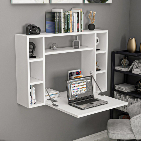 BIROU CU BIBLIOTECA, PLIABIL, SUSPENDAT, PAL MELAMINAT, 7 RAFTURI, ALB, 90X20X60 CM, OMEGA, MINAR [7]