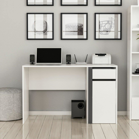 BIROU, PAL MELAMINAT, 1 SERTAR SI 1 DULAP CU 2 RAFTURI, ALB SI ANTRACIT, 120X60X74 CM, MODERN, MINAR [6]