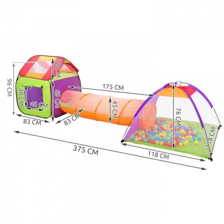 CORT DE JOACA PENTRU COPII, 3 IN 1, IGLOO SI CASUTA, CU TUNEL, 200 BILE, HUSA, 375X118X96 CM [8]