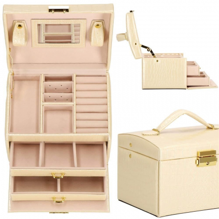 CUTIE PENTRU BIJUTERII, MDF, PIELE ECOLOGICA SI CATIFEA, CREM SI ROZ, CU OGLINDA, 17.5X14X12.5 CM, SPRINGOS [5]