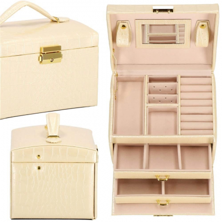 CUTIE PENTRU BIJUTERII, MDF, PIELE ECOLOGICA SI CATIFEA, CREM SI ROZ, CU OGLINDA, 17.5X14X12.5 CM, SPRINGOS [6]
