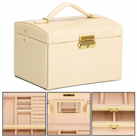 CUTIE PENTRU BIJUTERII, MDF, PIELE ECOLOGICA SI CATIFEA, CREM SI ROZ, CU OGLINDA, 17.5X14X12.5 CM, SPRINGOS [9]