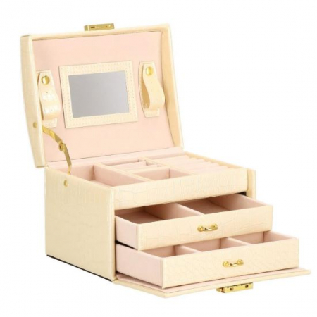 Cutii bijuterii - CUTIE PENTRU BIJUTERII, MDF, PIELE ECOLOGICA SI CATIFEA, CREM SI ROZ, CU OGLINDA, 17.5X14X12.5 CM, SPRINGOS