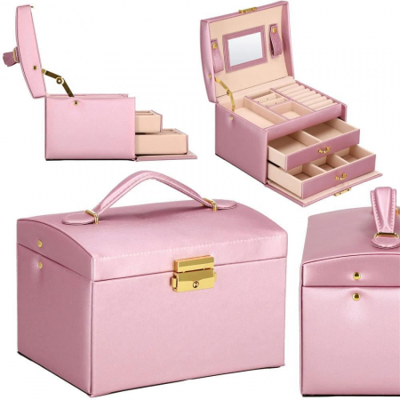 CUTIE PENTRU BIJUTERII, MDF, PIELE ECOLOGICA SI CATIFEA, ROZ SI BEJ, CU OGLINDA, 17.5X14X12.5 CM, SPRINGOS [1]