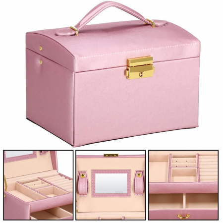 CUTIE PENTRU BIJUTERII, MDF, PIELE ECOLOGICA SI CATIFEA, ROZ SI BEJ, CU OGLINDA, 17.5X14X12.5 CM, SPRINGOS [5]