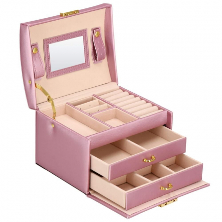 CUTIE PENTRU BIJUTERII, MDF, PIELE ECOLOGICA SI CATIFEA, ROZ SI BEJ, CU OGLINDA, 17.5X14X12.5 CM, SPRINGOS [15]