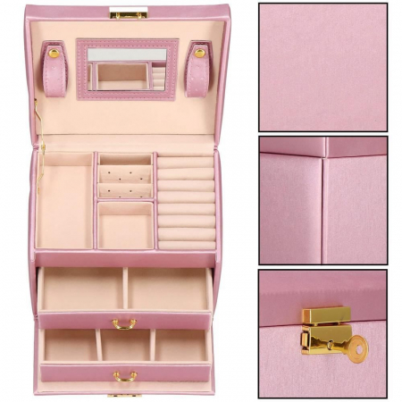 CUTIE PENTRU BIJUTERII, MDF, PIELE ECOLOGICA SI CATIFEA, ROZ SI BEJ, CU OGLINDA, 17.5X14X12.5 CM, SPRINGOS [4]