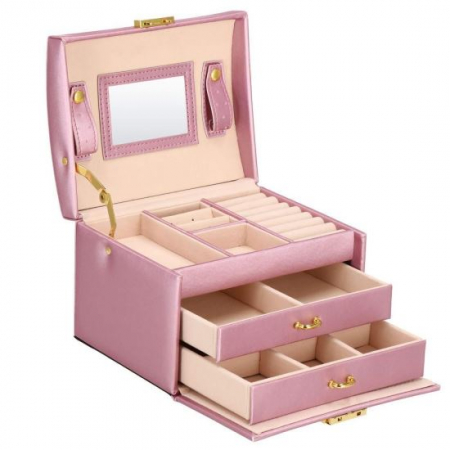 Cutii bijuterii - CUTIE PENTRU BIJUTERII, MDF, PIELE ECOLOGICA SI CATIFEA, ROZ SI BEJ, CU OGLINDA, 17.5X14X12.5 CM, SPRINGOS