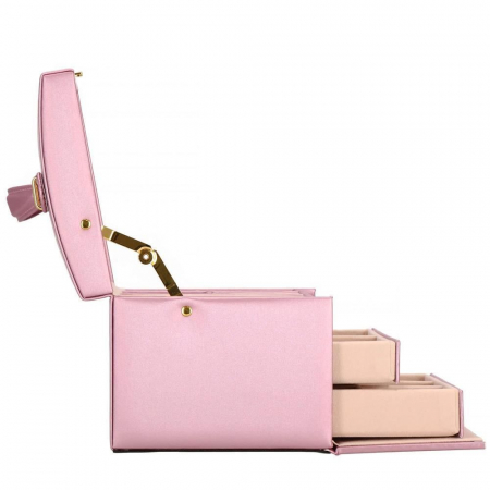 CUTIE PENTRU BIJUTERII, MDF, PIELE ECOLOGICA SI CATIFEA, ROZ SI BEJ, CU OGLINDA, 17.5X14X12.5 CM, SPRINGOS [13]