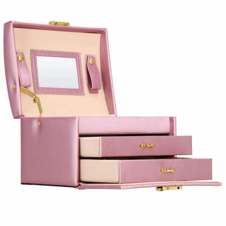 CUTIE PENTRU BIJUTERII, MDF, PIELE ECOLOGICA SI CATIFEA, ROZ SI BEJ, CU OGLINDA, 17.5X14X12.5 CM, SPRINGOS [11]